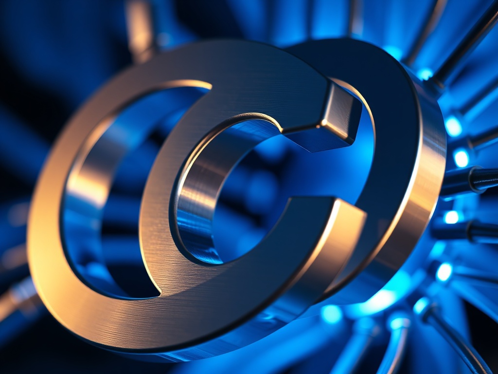 Extreme close-up of a stylized 'C' and 'S' intertwined as a digital network node, metallic finish, blue glow, isolated, 8k.